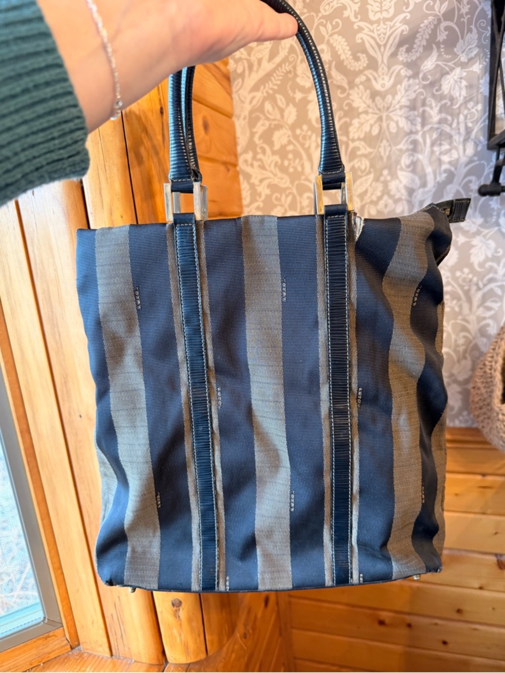 Fendi Stripe Pequin Vintage Tote Canvas exterior w/ Leather Handles & Trim